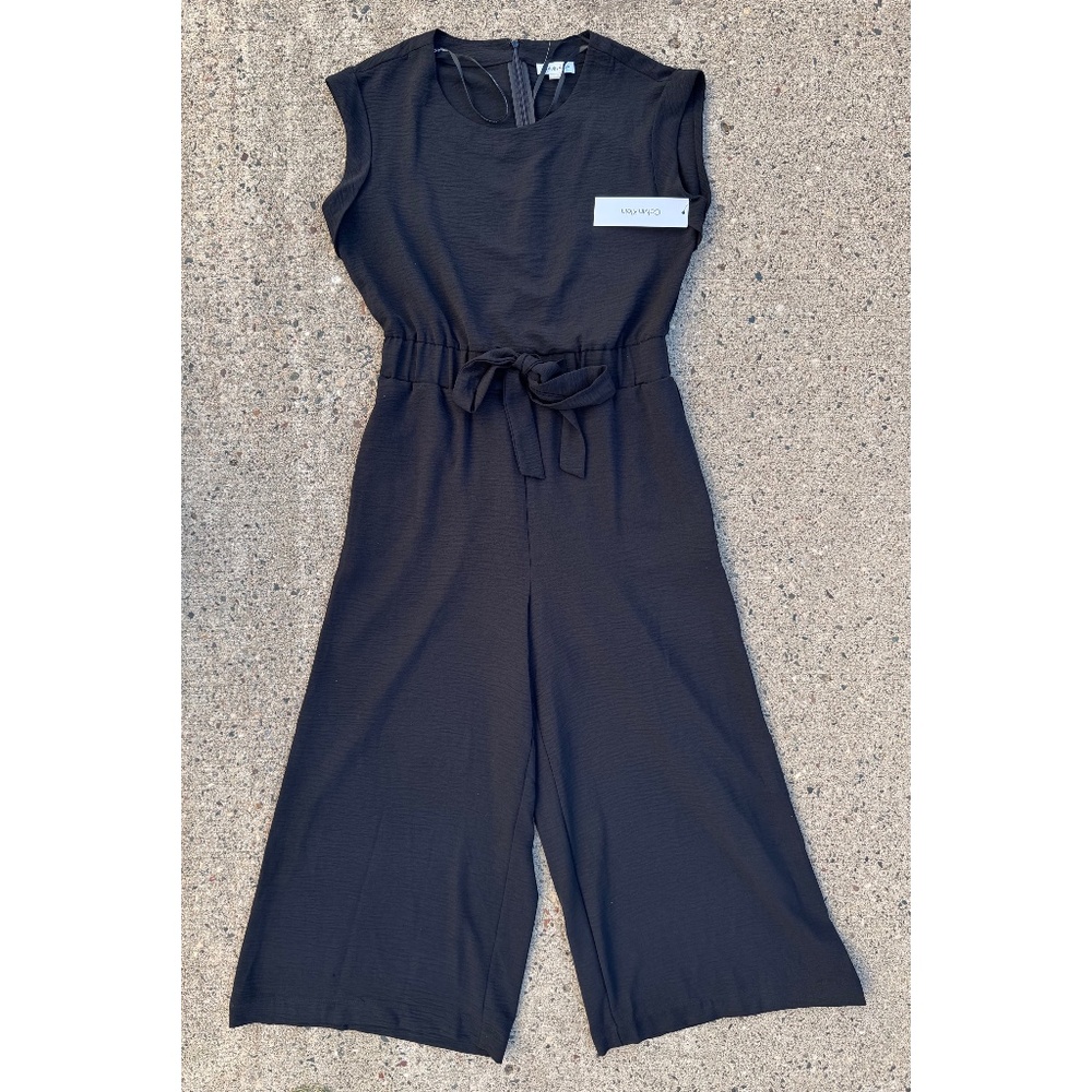 New Calvin Klein Black Tie Waist Wide Leg One Piece Jumpsuit